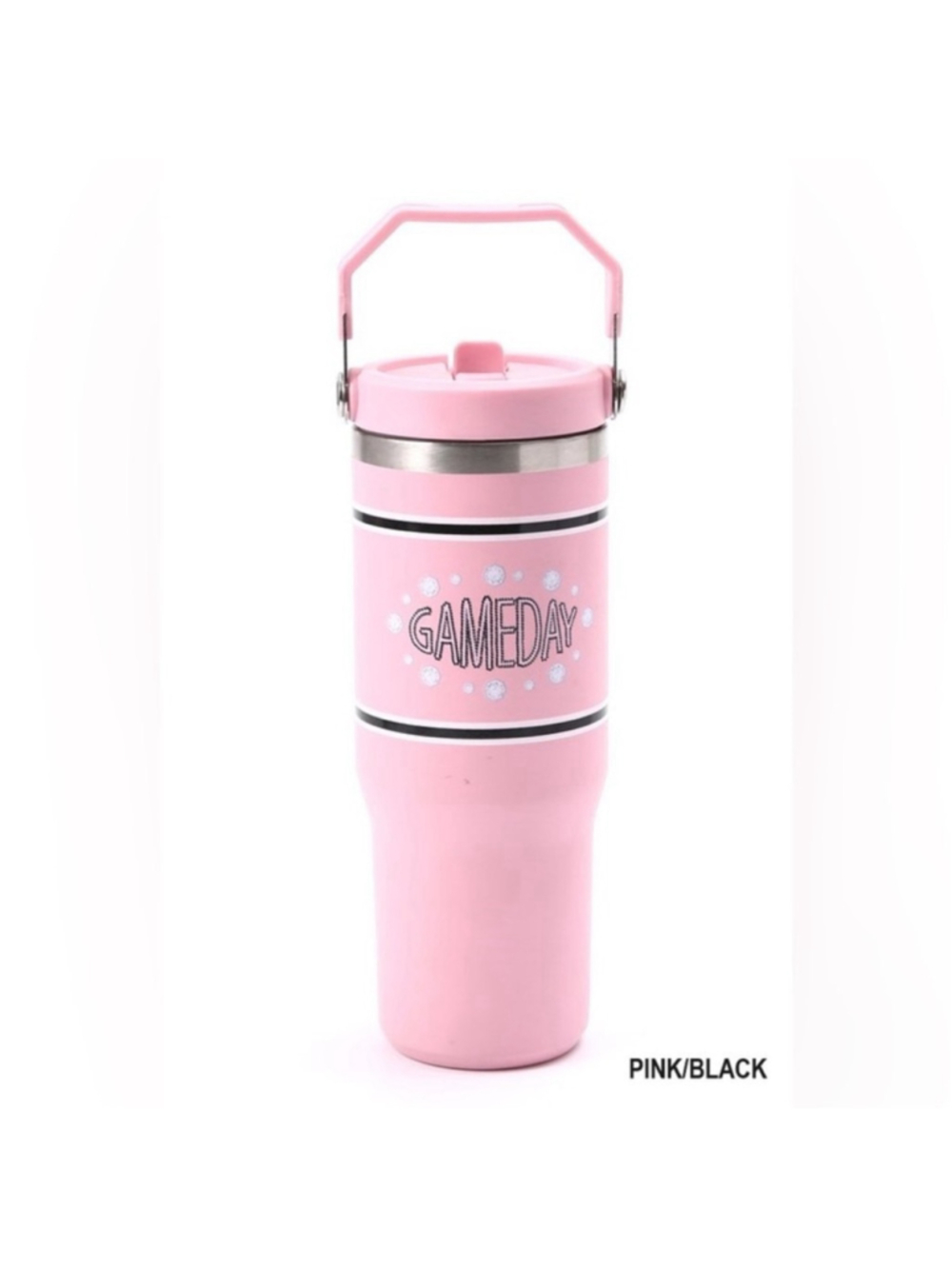 NEW Game Day 30oz Stainless Steel Flip Top Straw Tumbler Pink Black Hot Cold NIB - Picture 3 of 7